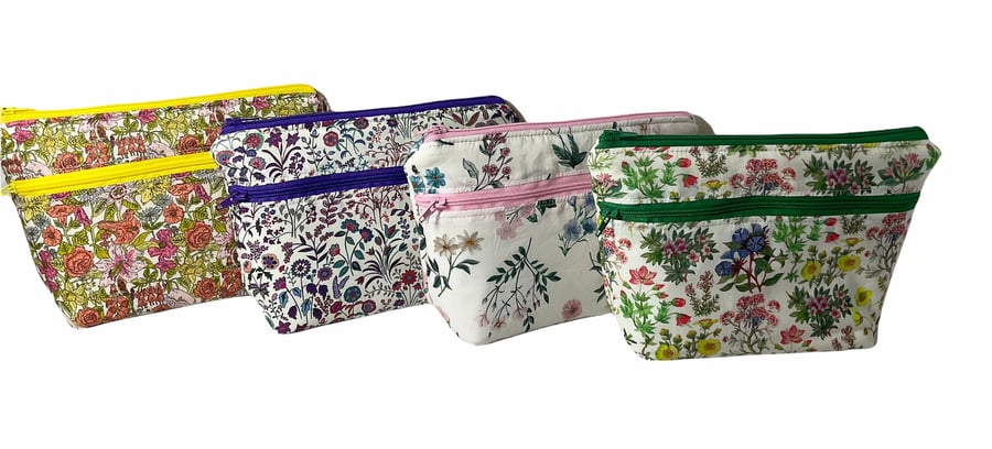 Cosmetics bag in floral Liberty fabric with 2 pockets, makeup pouch, water resis
