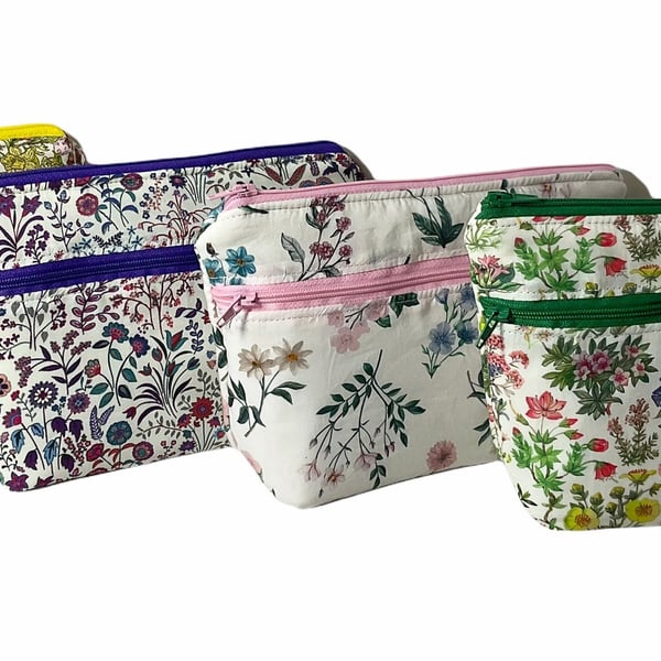 Cosmetics bag in floral Liberty fabric with 2 pockets, makeup pouch, water resis