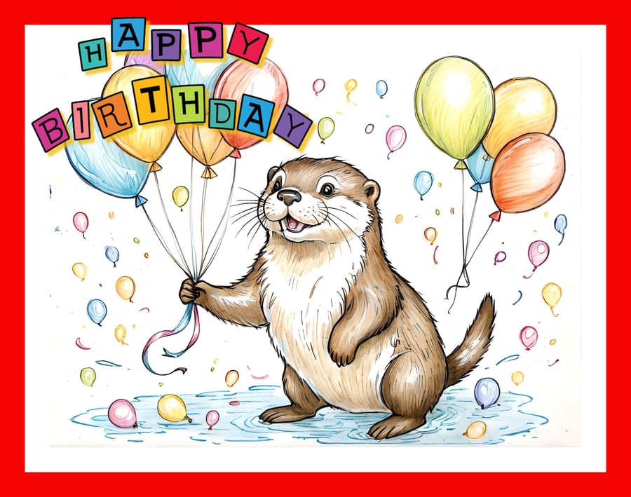 Happy Birthday Otter with Balloons Card A5