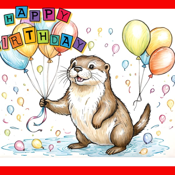 Happy Birthday Otter with Balloons Card A5