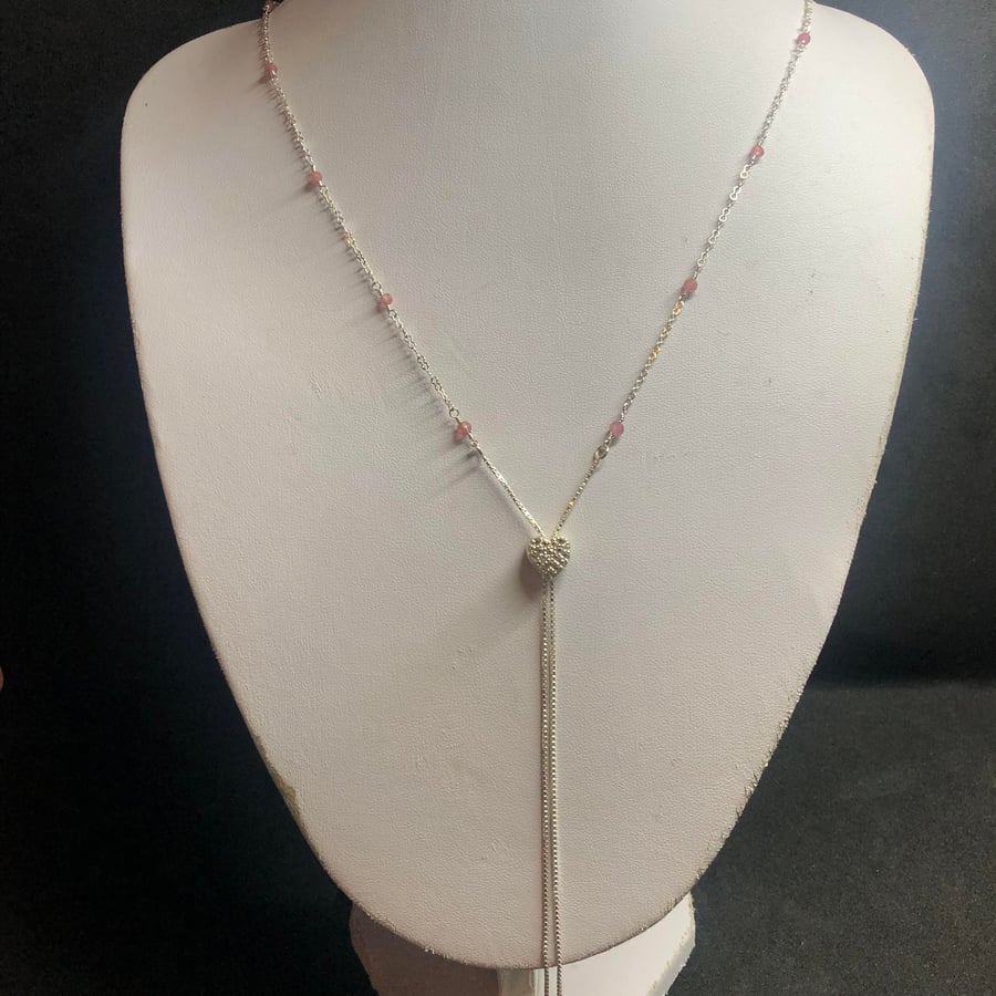 Pink Tourmaline over the head Station Necklace with natural Ziron Heart slider c