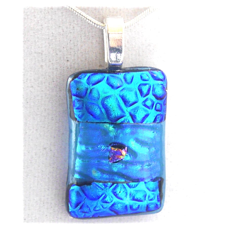 sold Teal Patchwork Dichroic Glass Pendant 193 silver plated chain