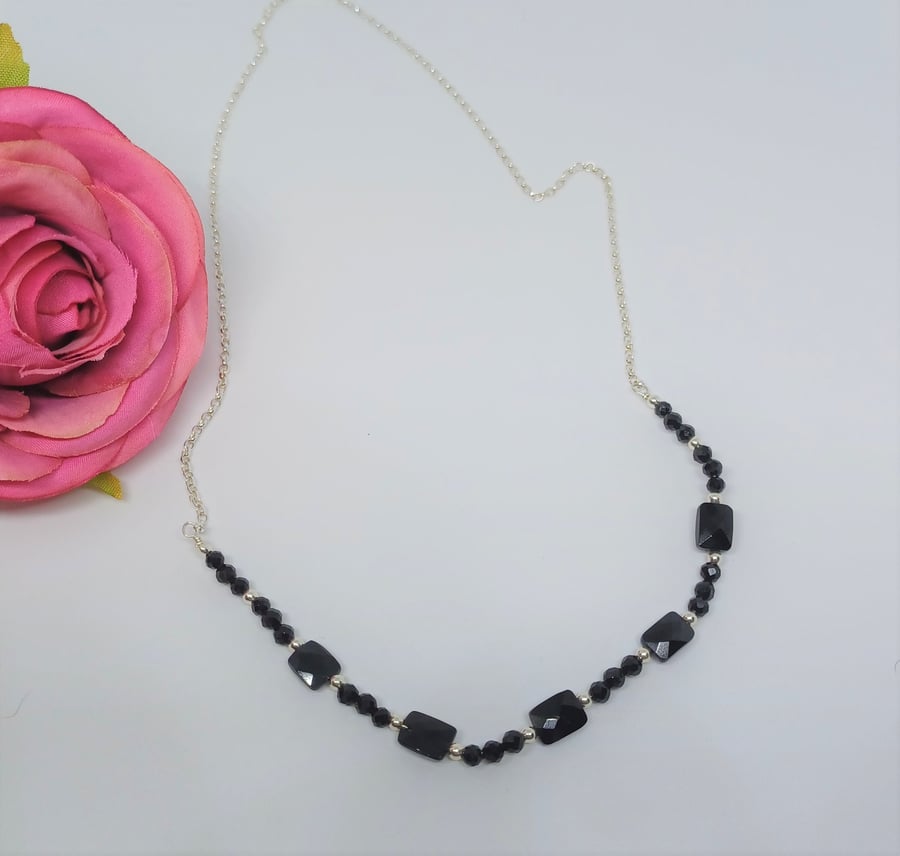 Black Spinel and Sterling Silver Necklace Art Deco Necklace, Faceted Spinel Neck