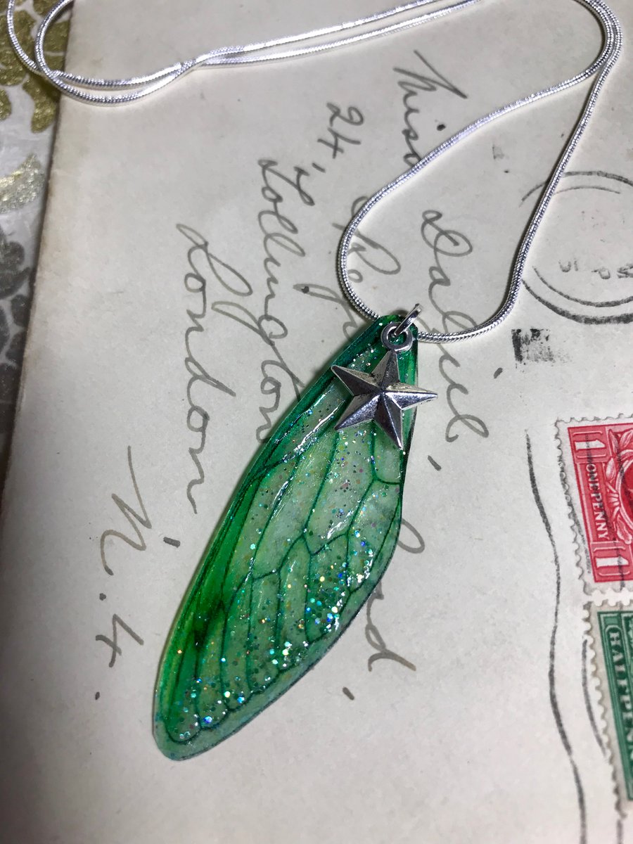 Sparkling Green Fairy Wing Star Sterling Silver  Necklace