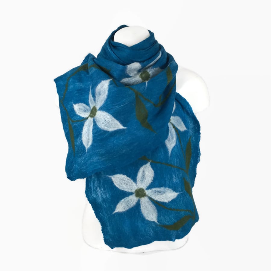 Nuno felted merino wool scarf,  in blue with white flowers