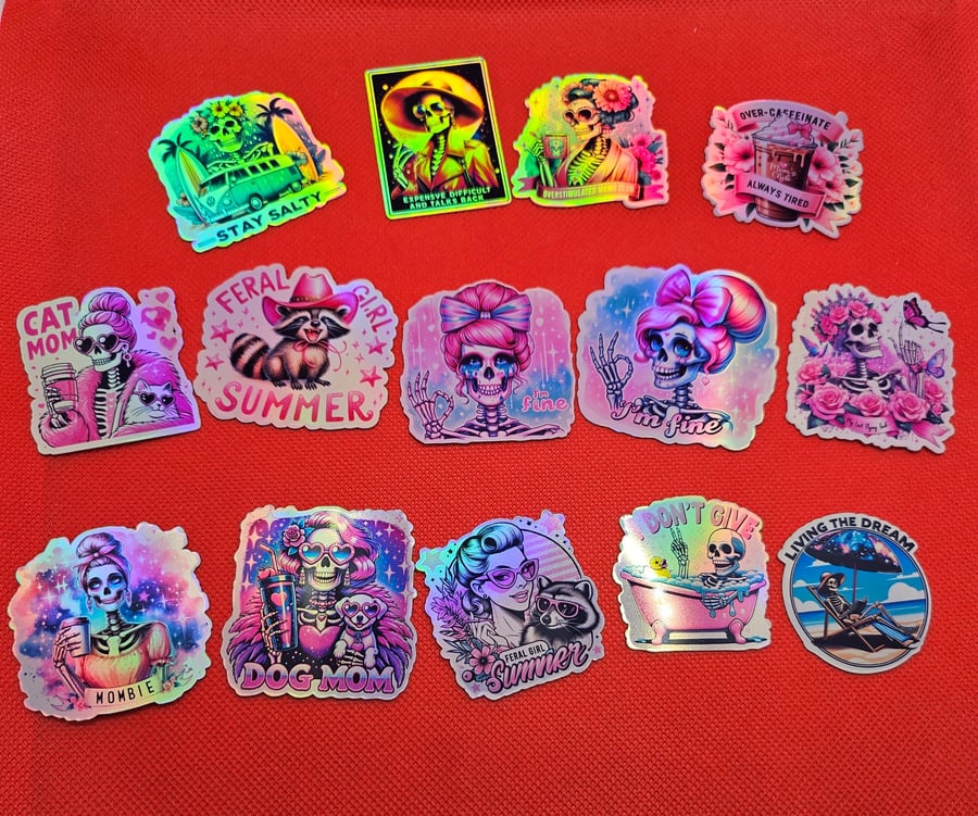 14 Holographic cute Skeleton Stickers for Women – Sassy & Perfect for Pet Mom