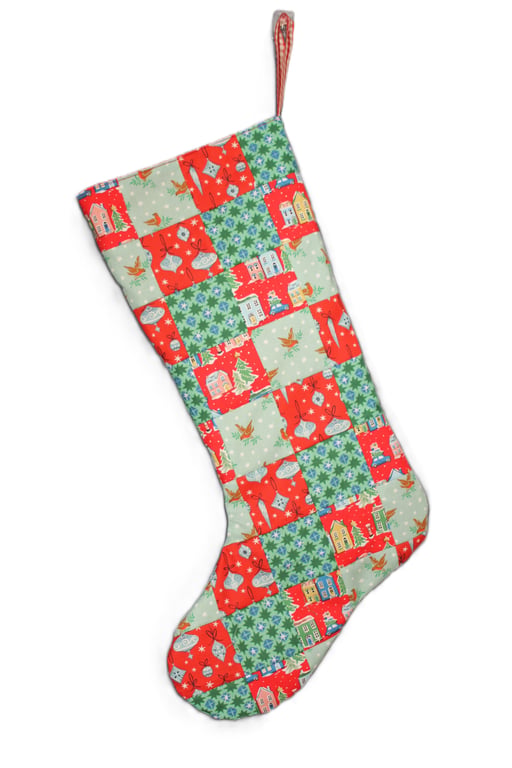 Patchwork stocking made from Liberty Christmas fabrics