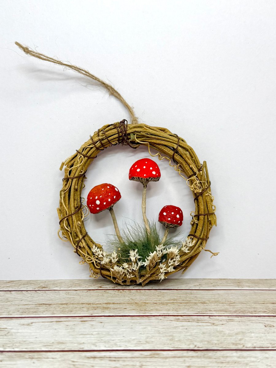 Spun Cotton Mushrooms in Grapevine Hoop Red