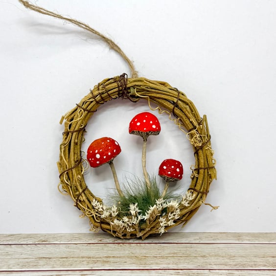 Spun Cotton Mushrooms in Grapevine Hoop Red