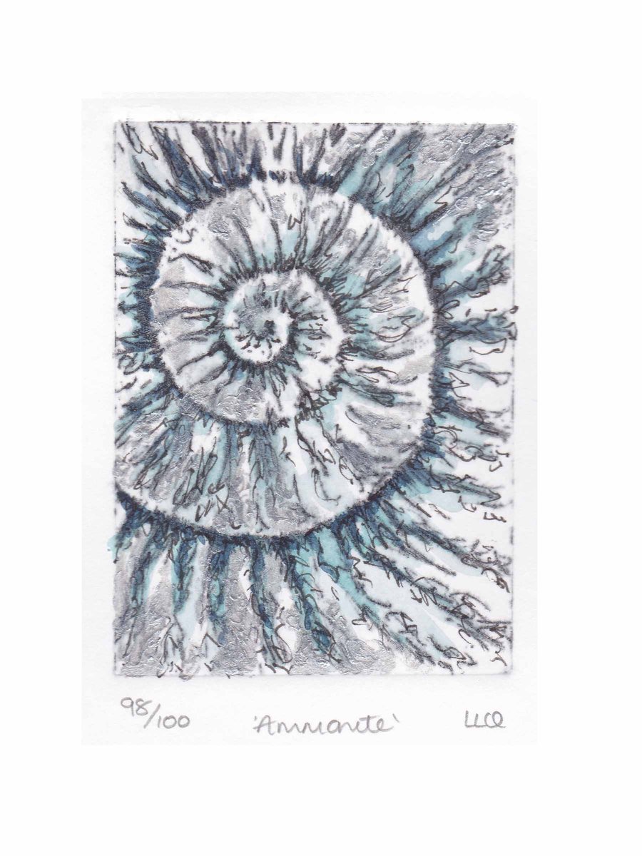 Etching no.98 of an ammonite fossil with mixed media in an edition of 100