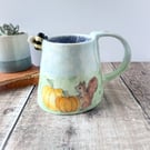 Handmade porcelain duck, squirrel, pumpkin, autumn. Cup. Hand painted