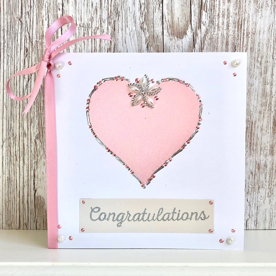 Wedding card - wedding congratulations card textile handmade anniversary pink
