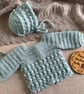 Hand Crocheted Newborn Cardigan & Bonnet Set – Sage Green Baby Outfit - Image 9
