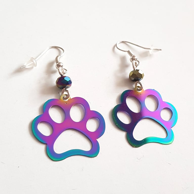 Rainbow Paw Print Earrings - Iridescent Steel Dangle Earrings