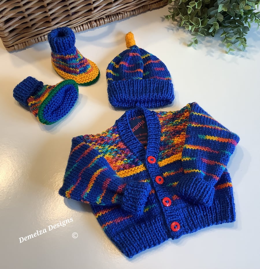 Hand Knitted Designer Baby Cardigan, Booties,  Hat Gift Set 0-3 months 
