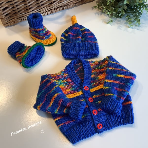 Hand Knitted Designer Baby Cardigan, Booties,  Hat Gift Set 0-3 months 