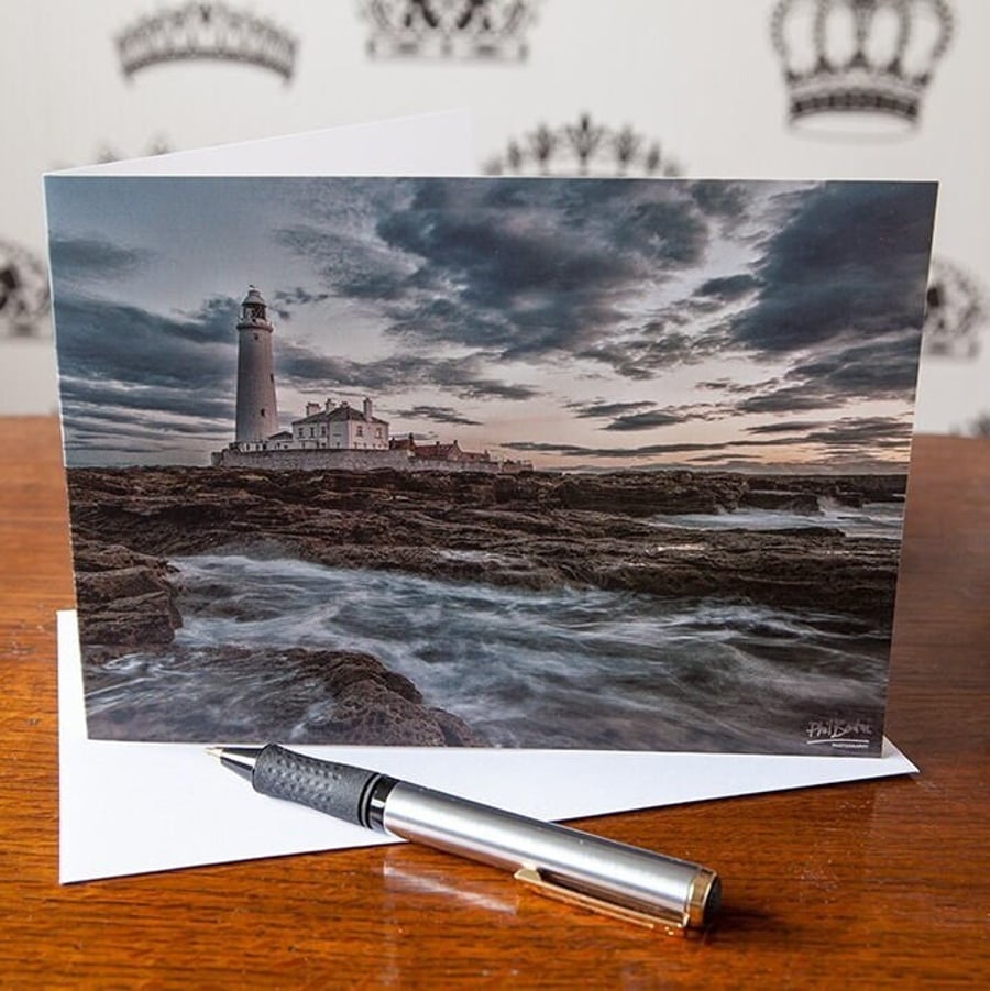 Newcastle, Surrounded St Mary's Lighthouse, Whitley Bay Greetings Card - Blank I
