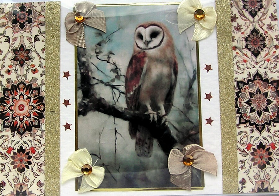 Brown Owl Wildlife Bird - Hand Crafted Decoupage Greeting Card - Blank - 3037