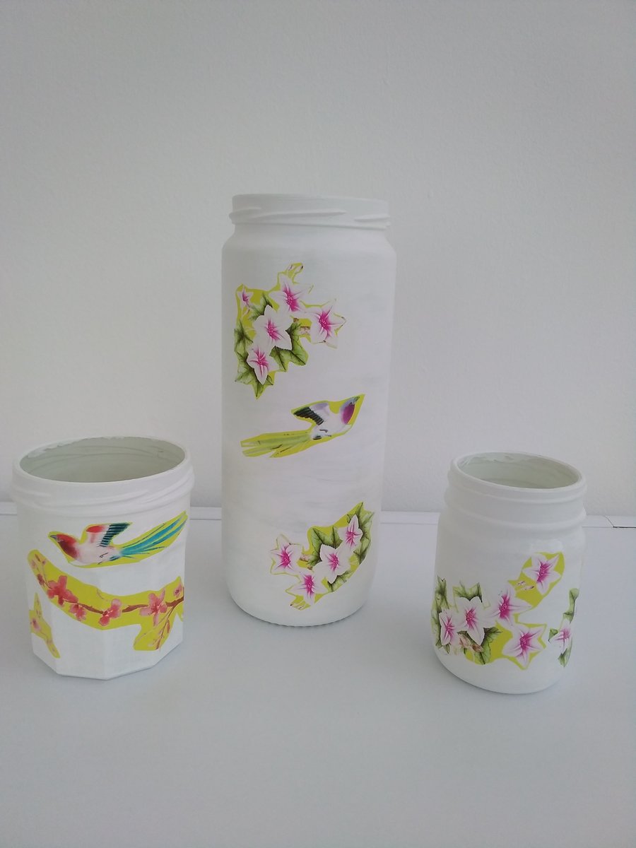 Set of 3 White Floral & Bird Decoupage Jar Vases