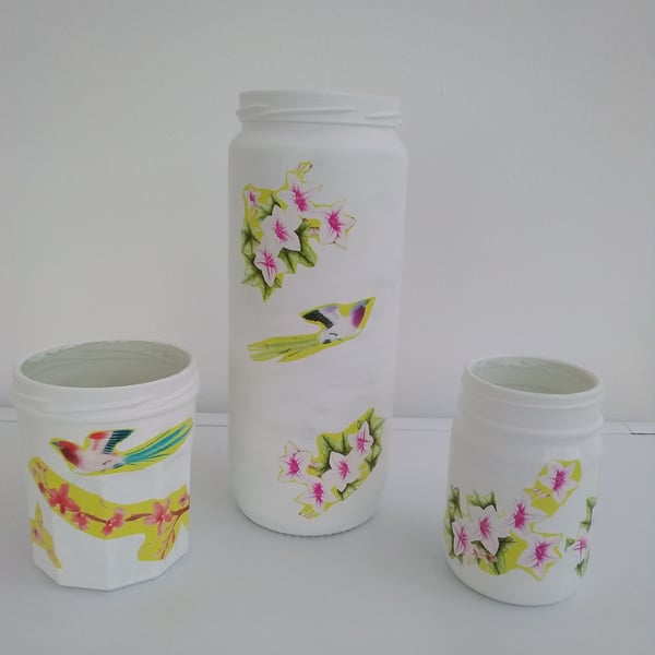 Set of 3 White Floral & Bird Decoupage Jar Vases