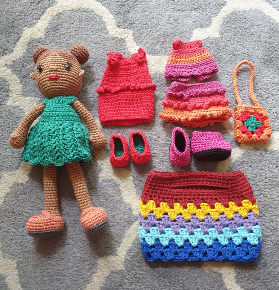 Crochet Doll with clothes and shoes for dressing up