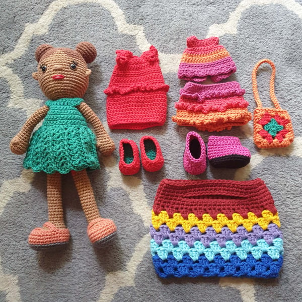 Crochet Doll with clothes and shoes for dressing up