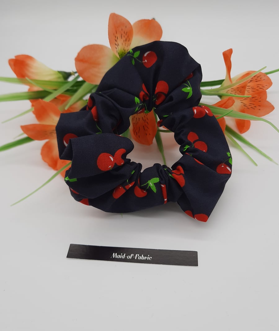 Scrunchie,  navy cherry fabric,  3 for 2 offer. 