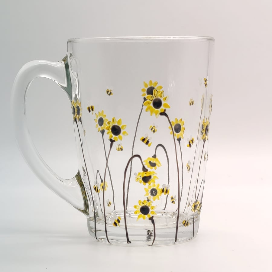 Hand-painted 'Sunflower & bee' Glass Mug