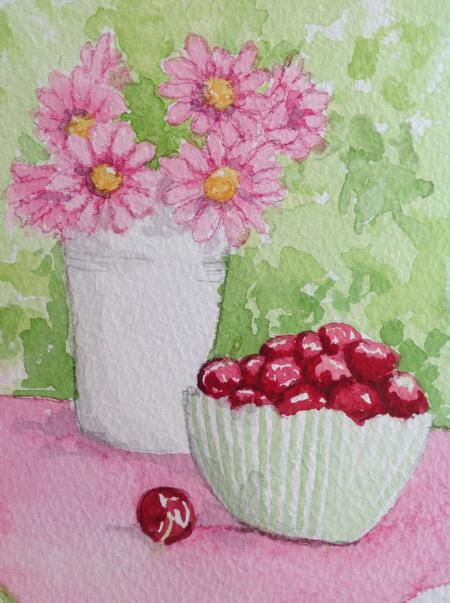 Cherries and Flowers original watercolour