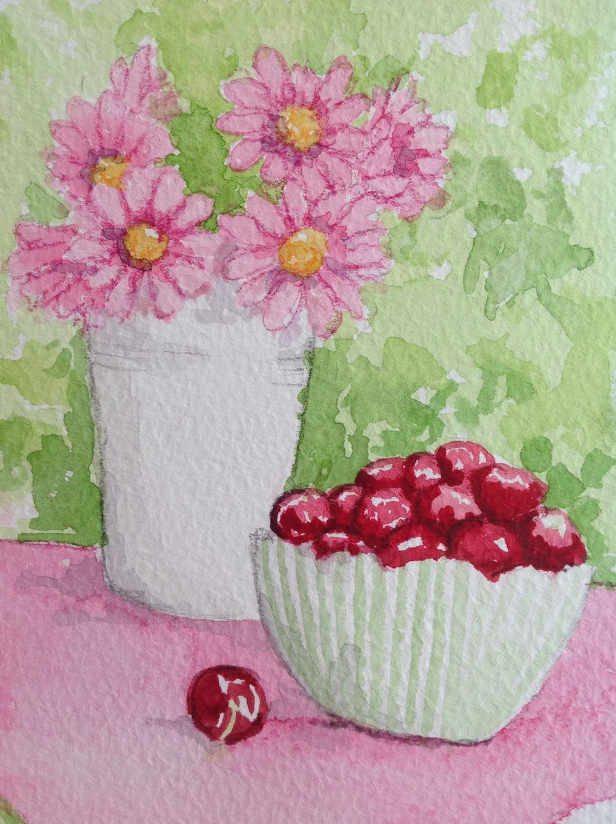 Cherries and Flowers original watercolour