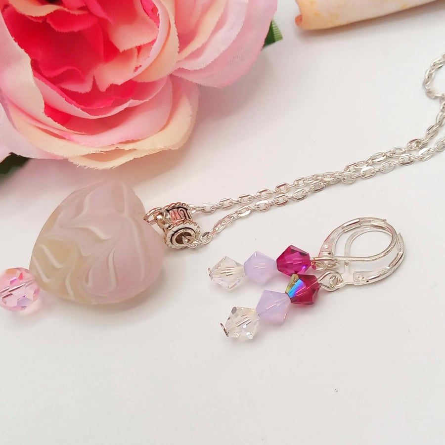 Pink Heart and a Pink Crystal Pendant on a Silver Chain with Matching Earrings