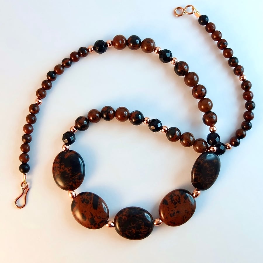 Mahogany Obsidian And Onyx Necklace With Copper Beads - Handmade In Devon.