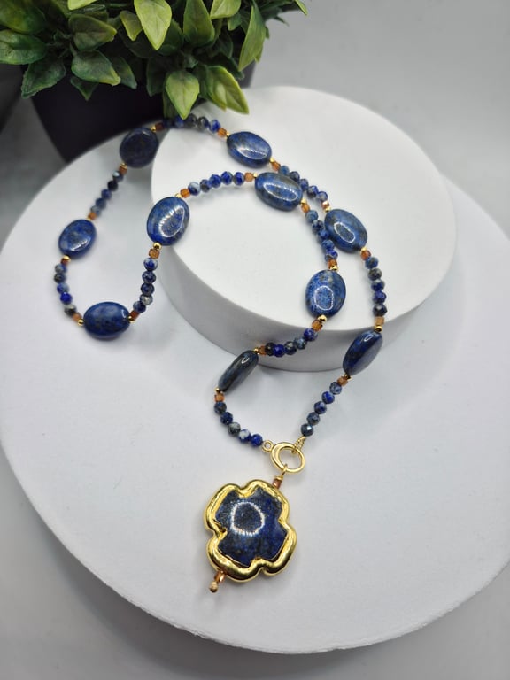 Natural Lapis Lazuli & Hessonite Garnet Convertible Necklace – 42cm – Gold Detai