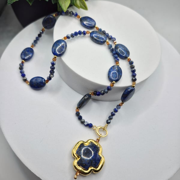 Natural Lapis Lazuli & Hessonite Garnet Convertible Necklace – 42cm – Gold Detai