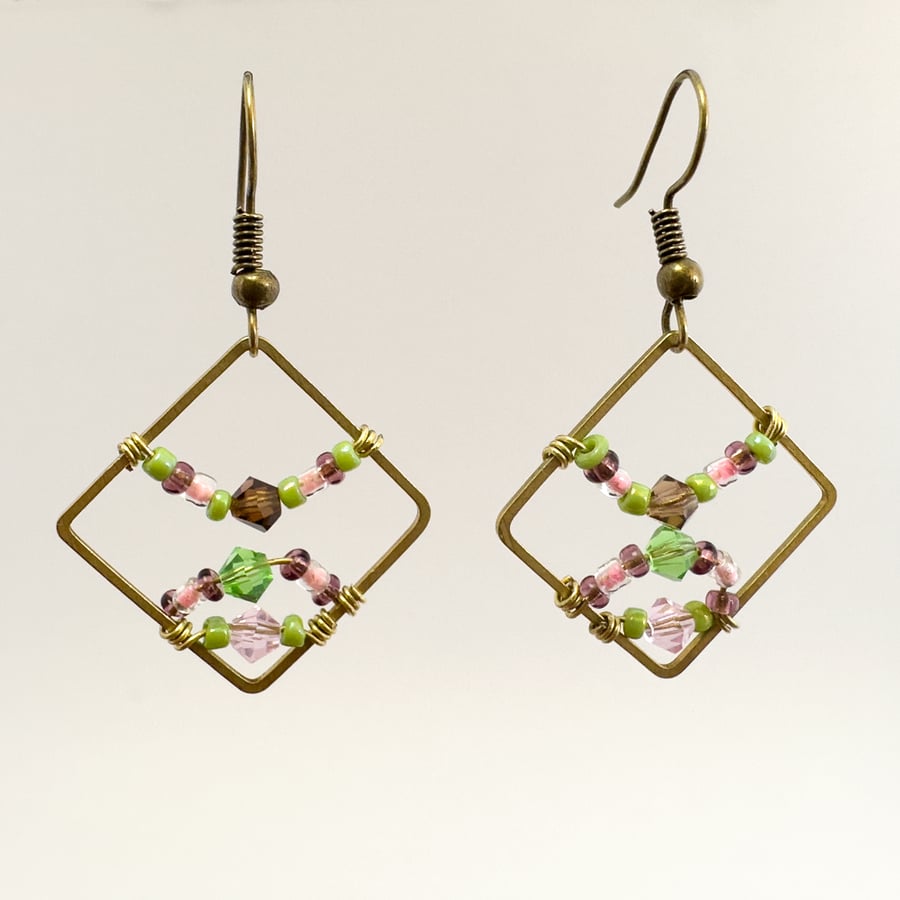 Wire Wrapped Raw Solid Brass, Crystal and Bead Earrings