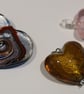 3 glass heart pendants, blue-multi, pink, golden brown