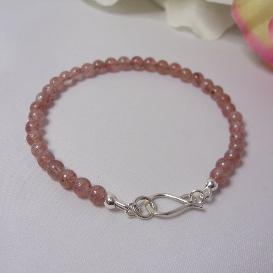 Strawberry Quartz gemstone bracelet of small round beads with recycled sterling 
