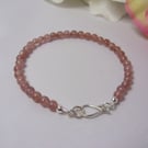 Strawberry Quartz gemstone bracelet of small round beads with recycled sterling 