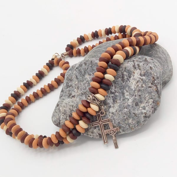 Men's Beaded Necklace With Wooden Saucer Shaped Beads and Silver Double Cross