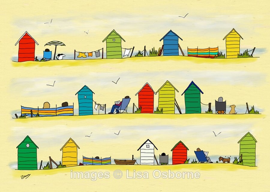 Beside the sea - signed print from illustration. Beach. Seaside. Beach huts