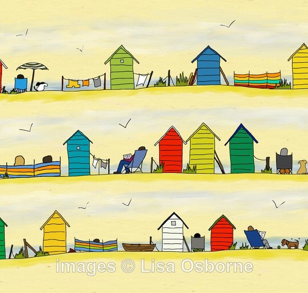 Beside the sea - signed print from illustration. Beach. Seaside. Beach huts