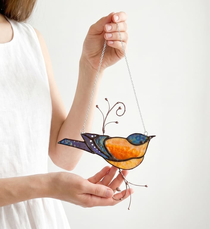 Stained Glass Bird Nut Hatch  on a copper twig Hanging Suncatcher
