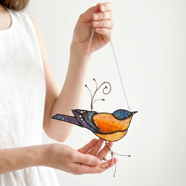 Stained Glass Bird Nut Hatch  on a copper twig Hanging Suncatcher