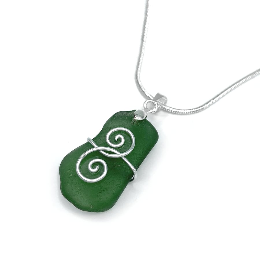 Sea Glass Pendant - Green Celtic Necklace. Silver Beach Glass Handmade Jewellery