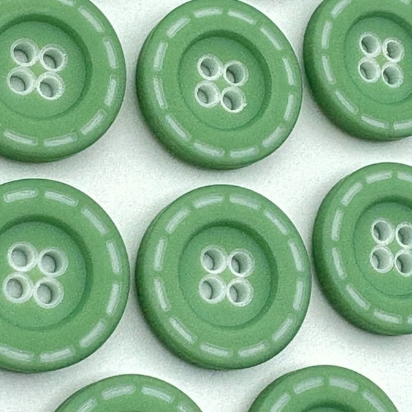 8 Stitched Edge Buttons, Green Colour, 18mm Wide, Chunky Rim