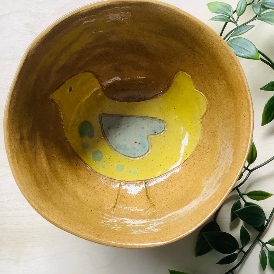 Yellow and blue bird bowl large