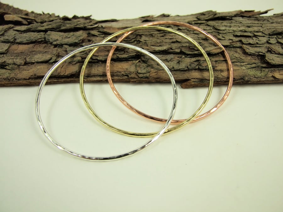 Bangles, Sterling Silver, Copper and Brass, Hammered Set of 3 Stacking Bangles