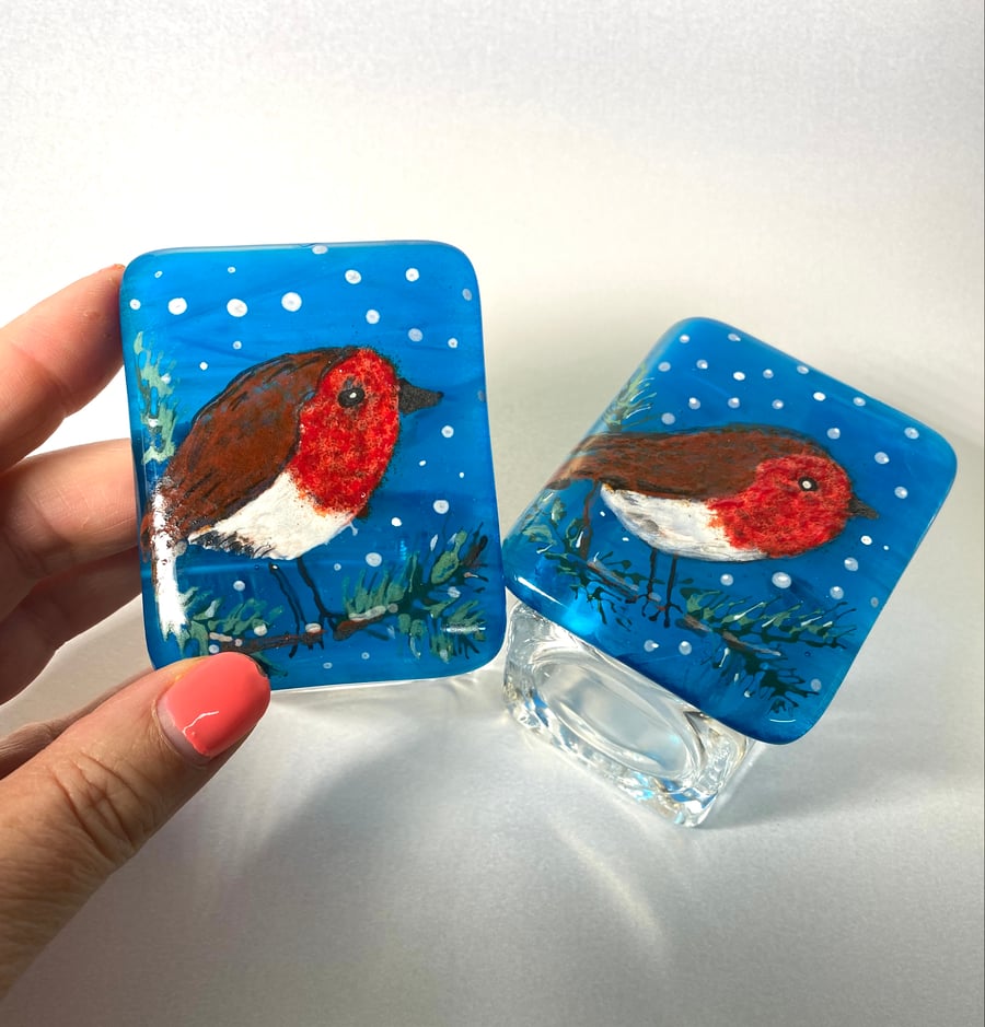 Robin  fused glass Christmas t light holders 