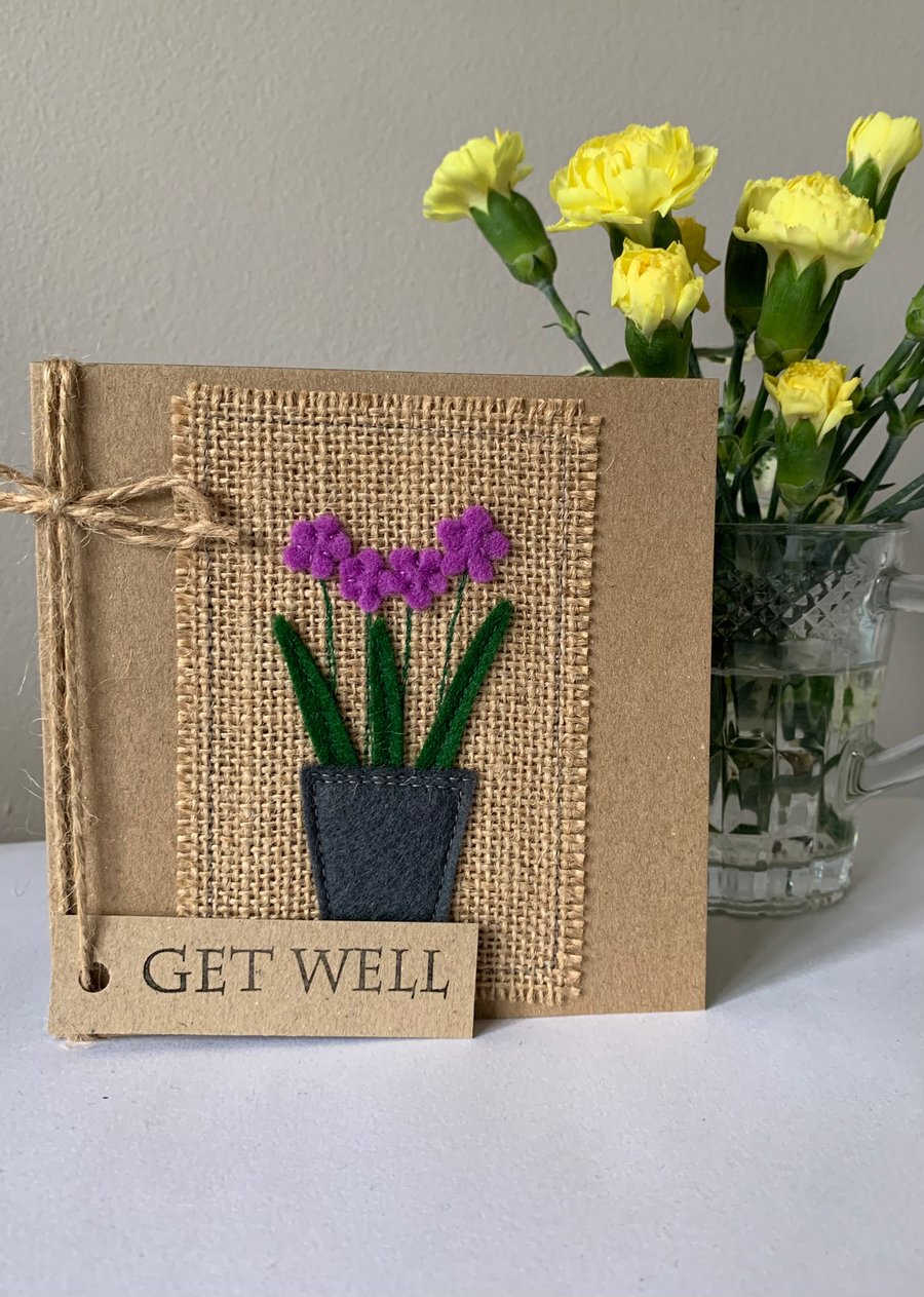 Get Well Card. Purple flowers in a dark grey pot, wool felt, handmade. 