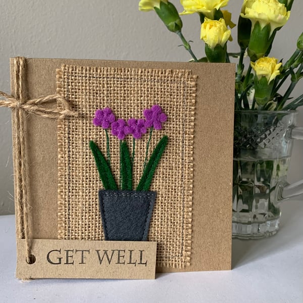 Get Well Card. Purple flowers in a dark grey pot, wool felt, handmade. 